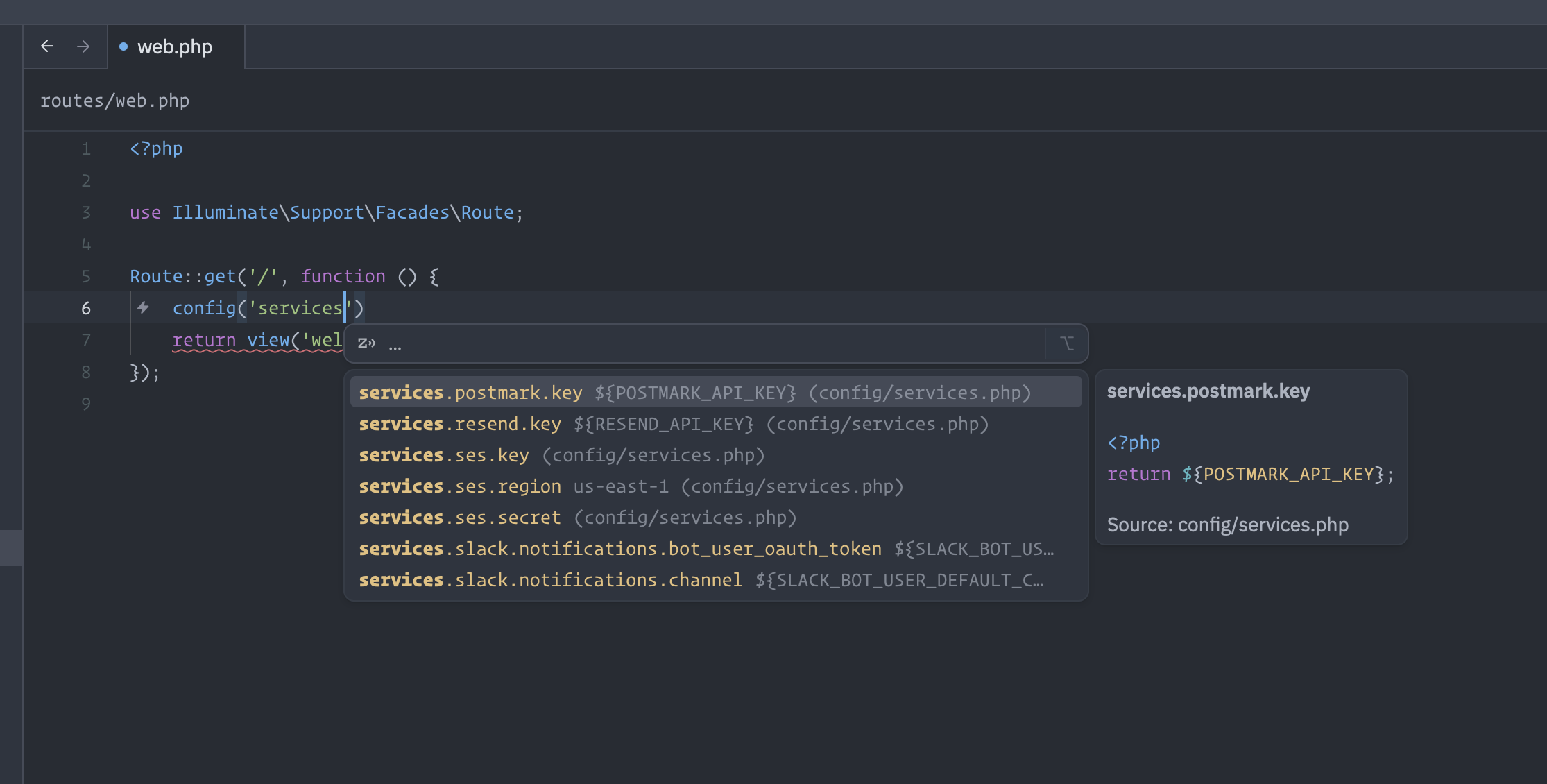 Hover card over config('app.name') showing the resolved value from config/services.php