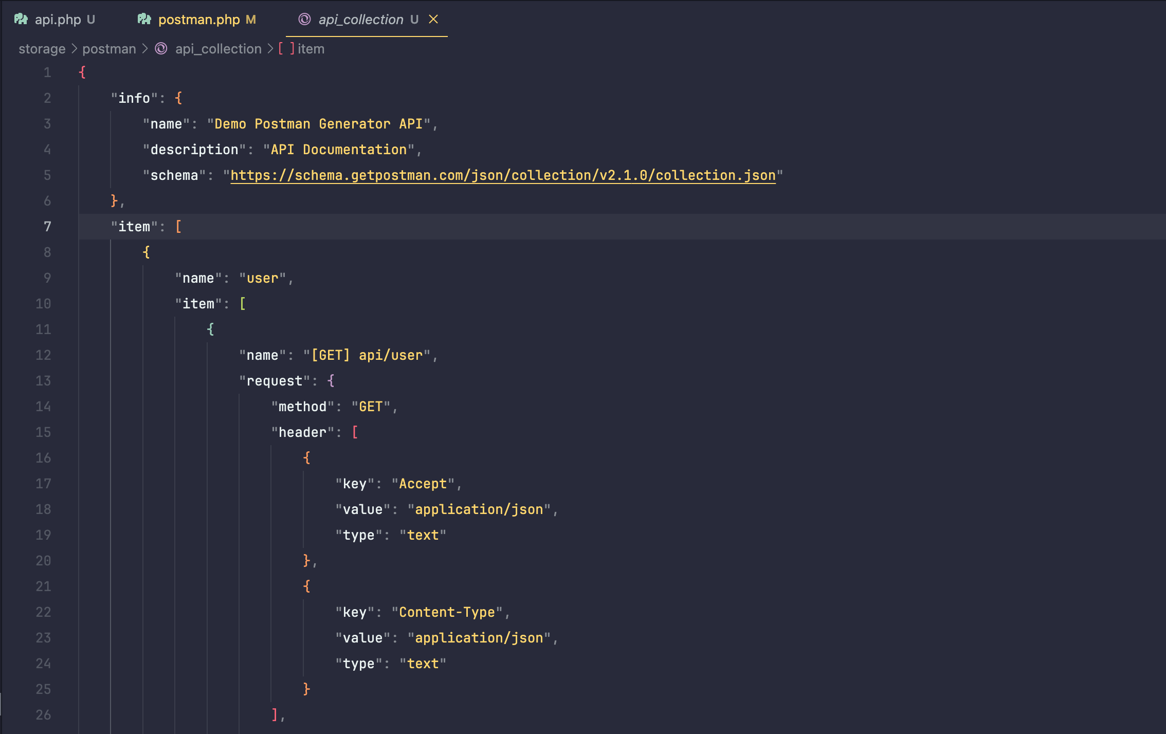 Згенерована конфігурація Postman з стандартного Laravel API додатку