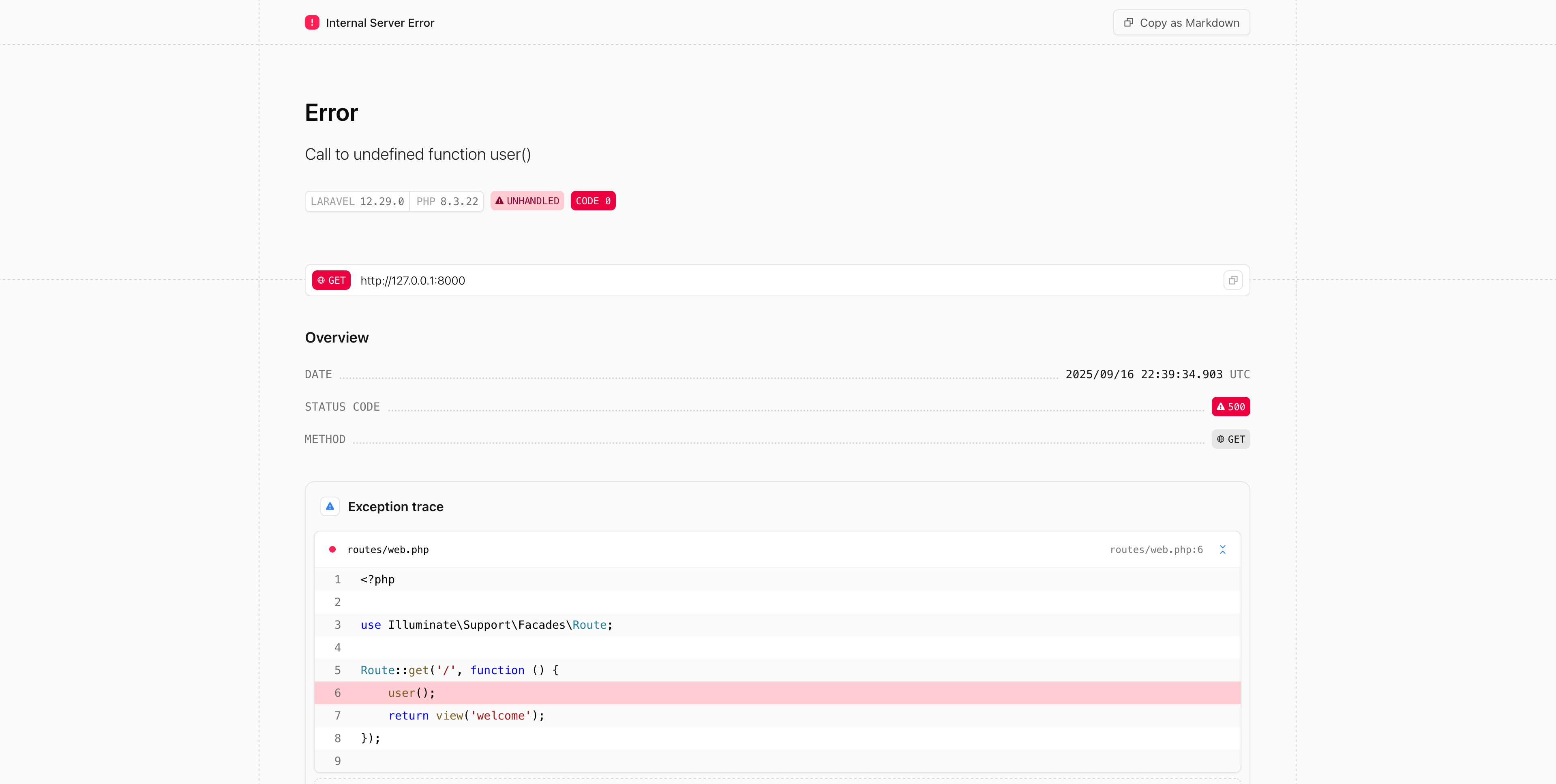 Локальна сторінка помилок в Laravel 12.29