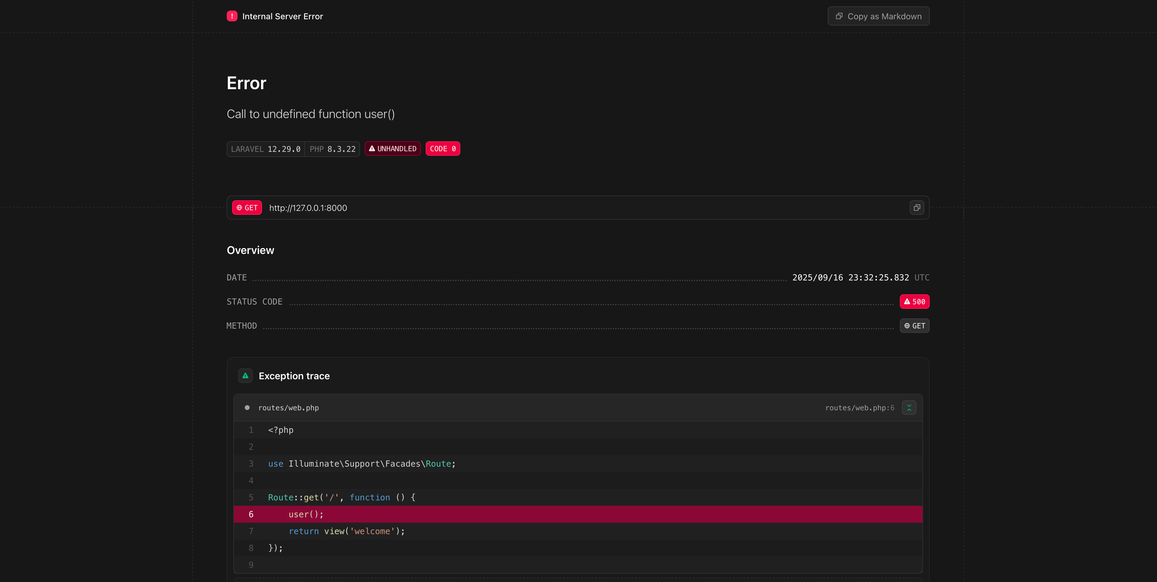 Локальна сторінка помилок з темним режимом