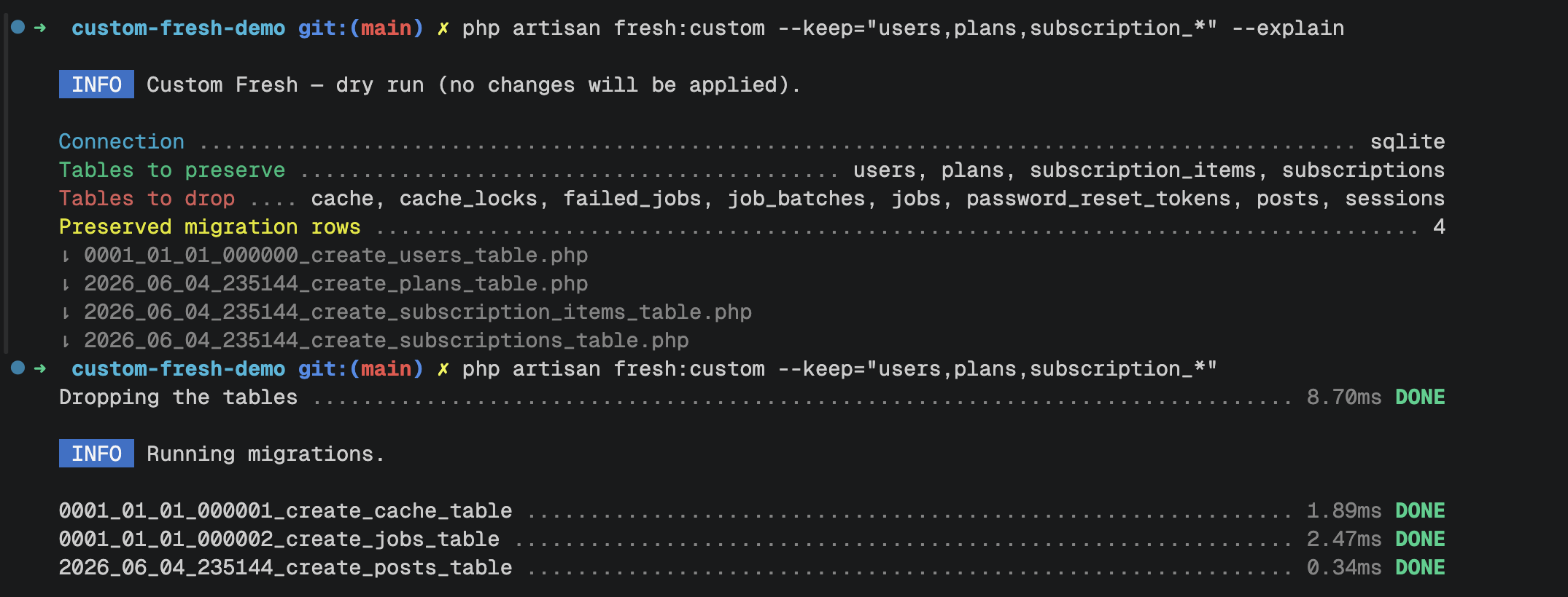 Screenshot showing fresh:custom command