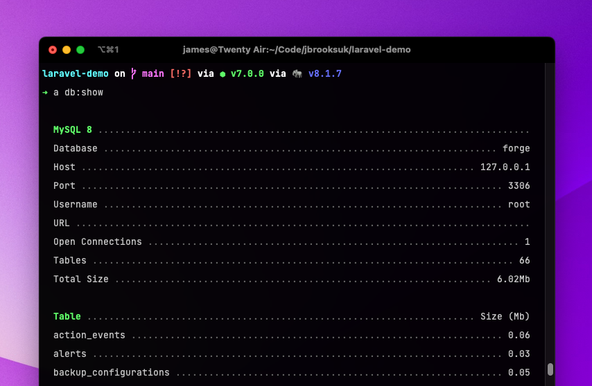 db:show example output