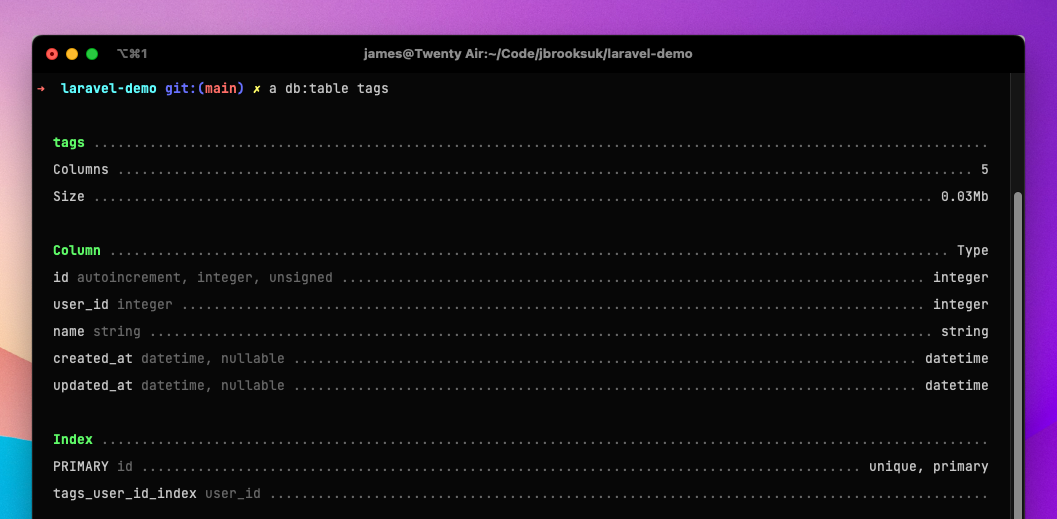 db:table example output