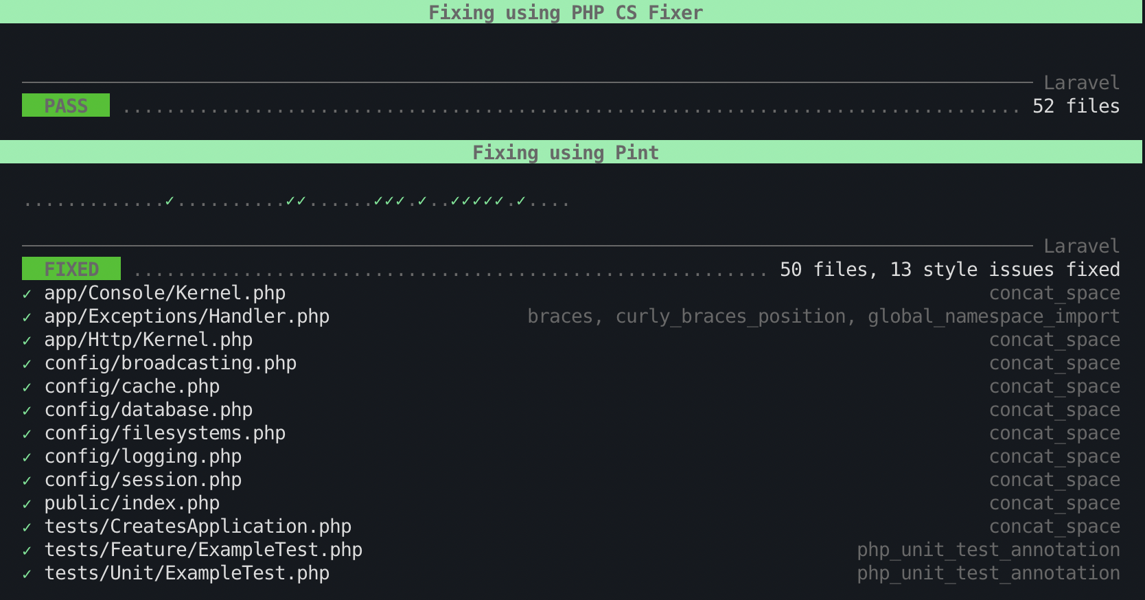 Screenshot of Duster showing the output of the fix command