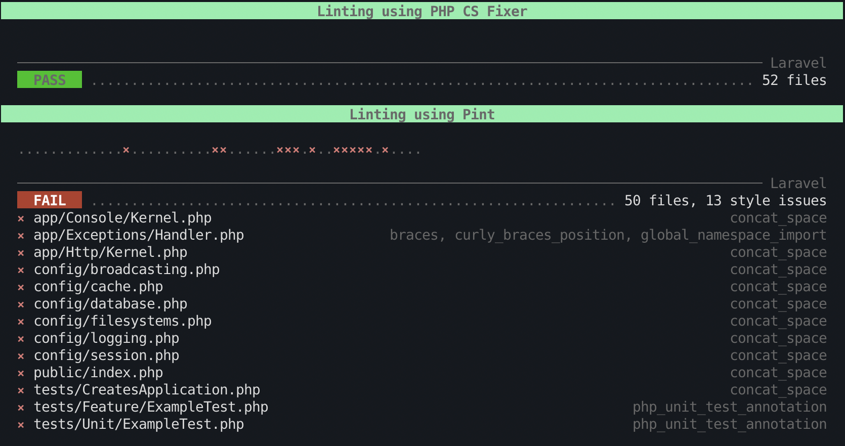 Screenshot of Duster showing the output of the lint command