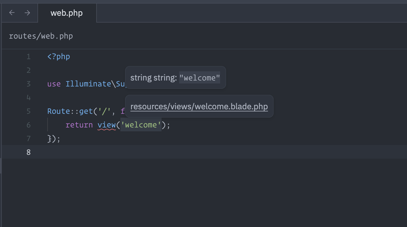 Command-clicking view('welcome') in routes/web.php jumps to welcome.blade.php