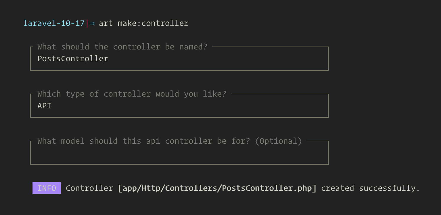 Laravel Prompts controller created successfully