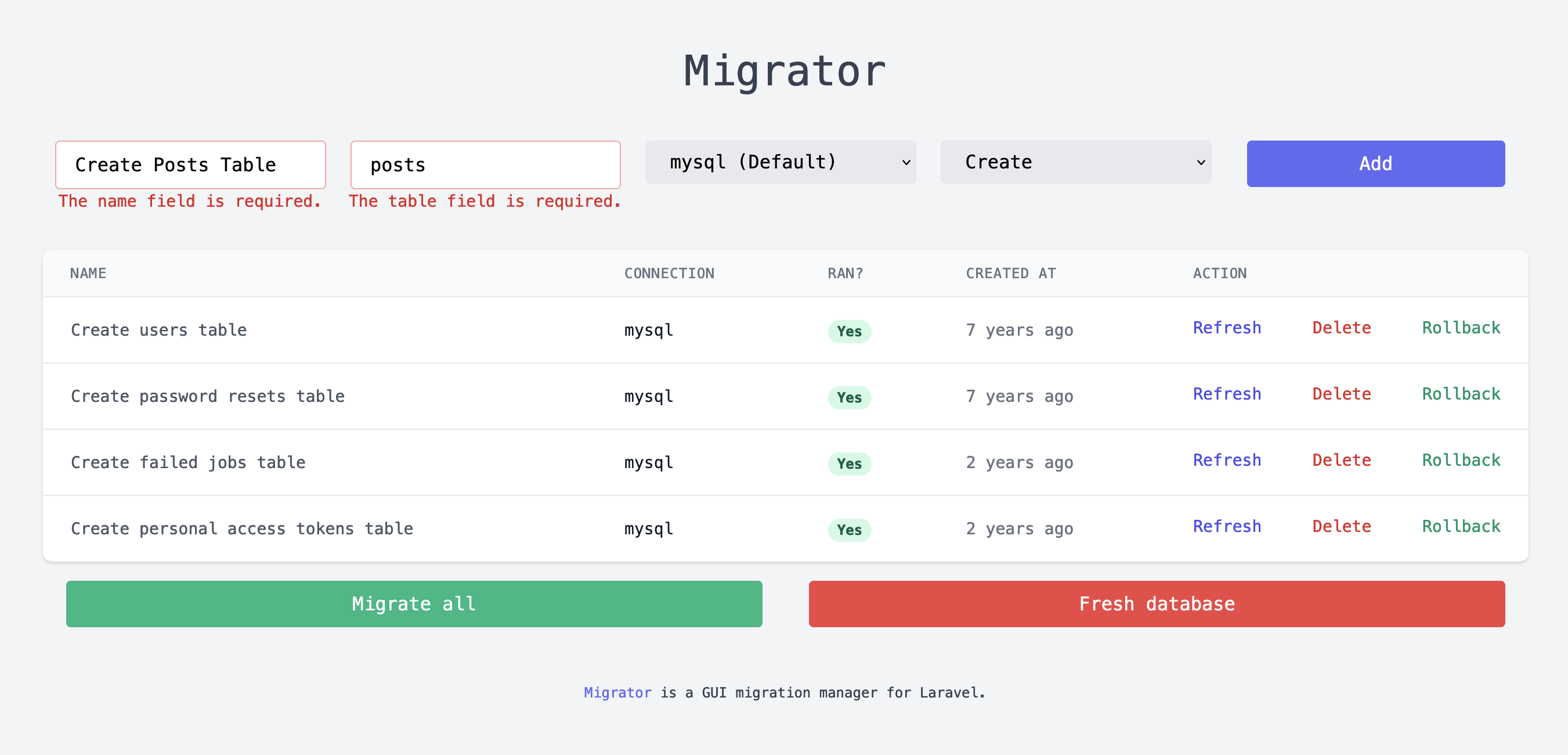 Create a new migration via the migrator GUI