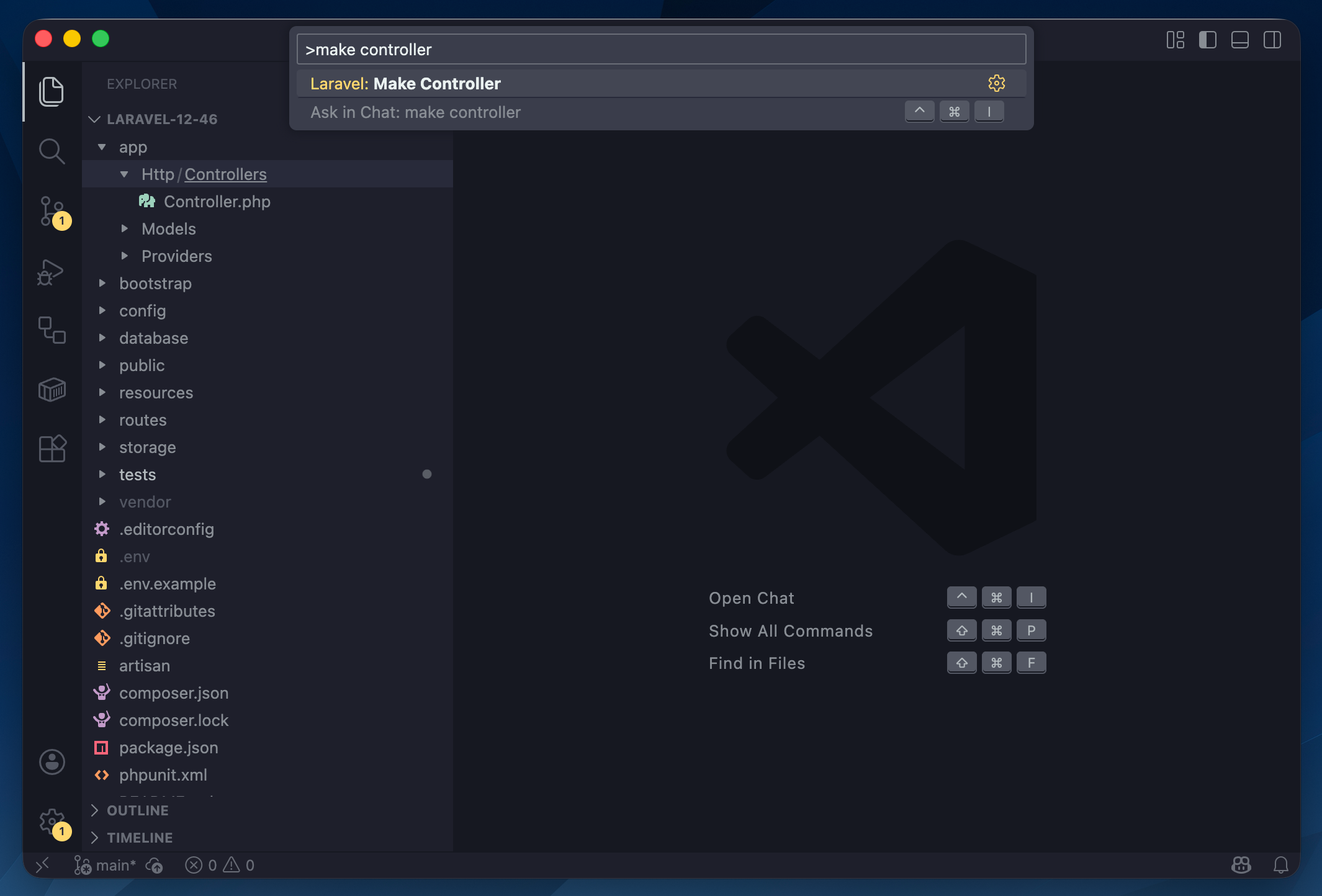 Using make:controller from the command palette
