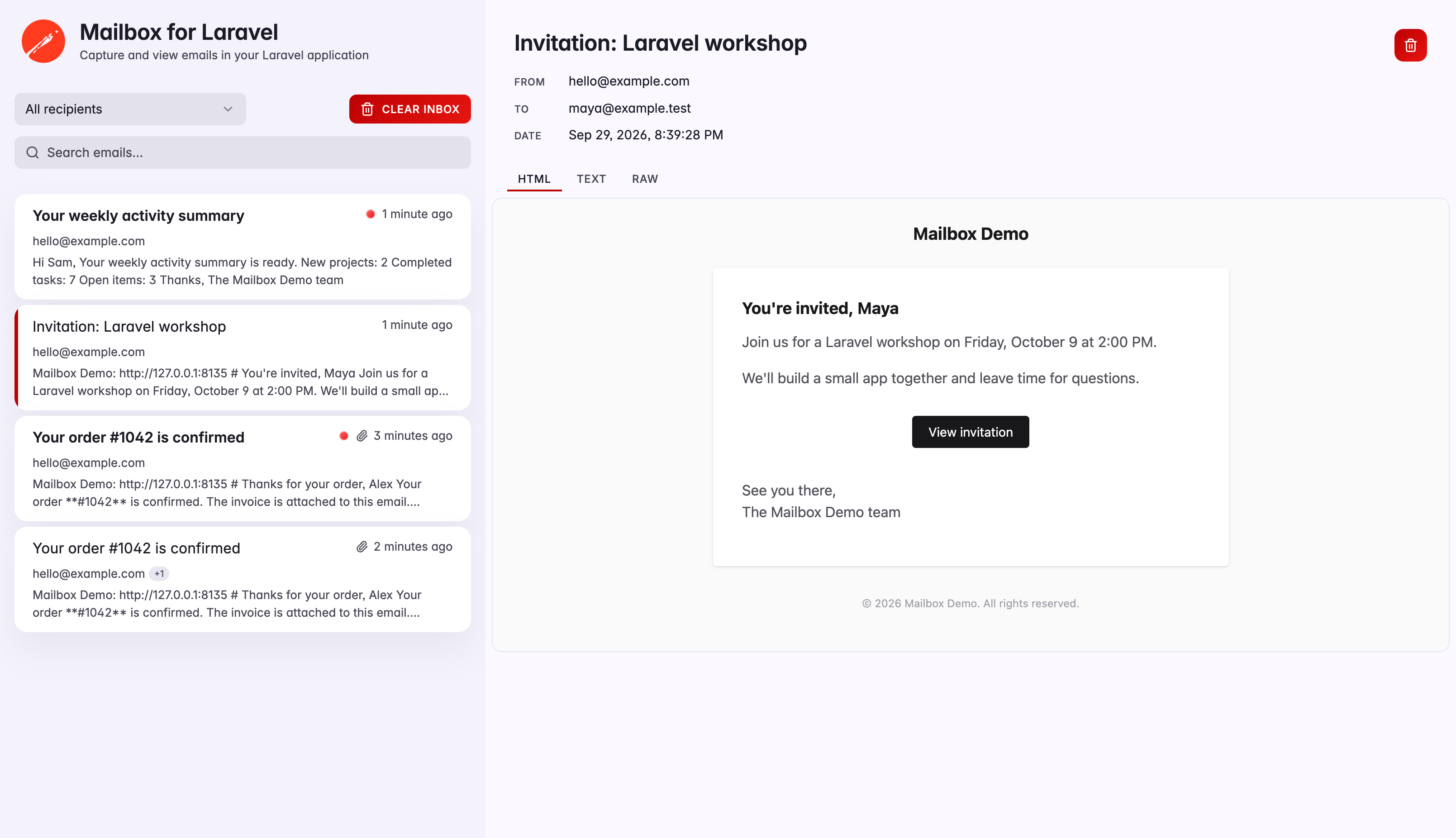 Mailbox for Laravel dashboard showing the inbox, an HTML email preview, and attachments