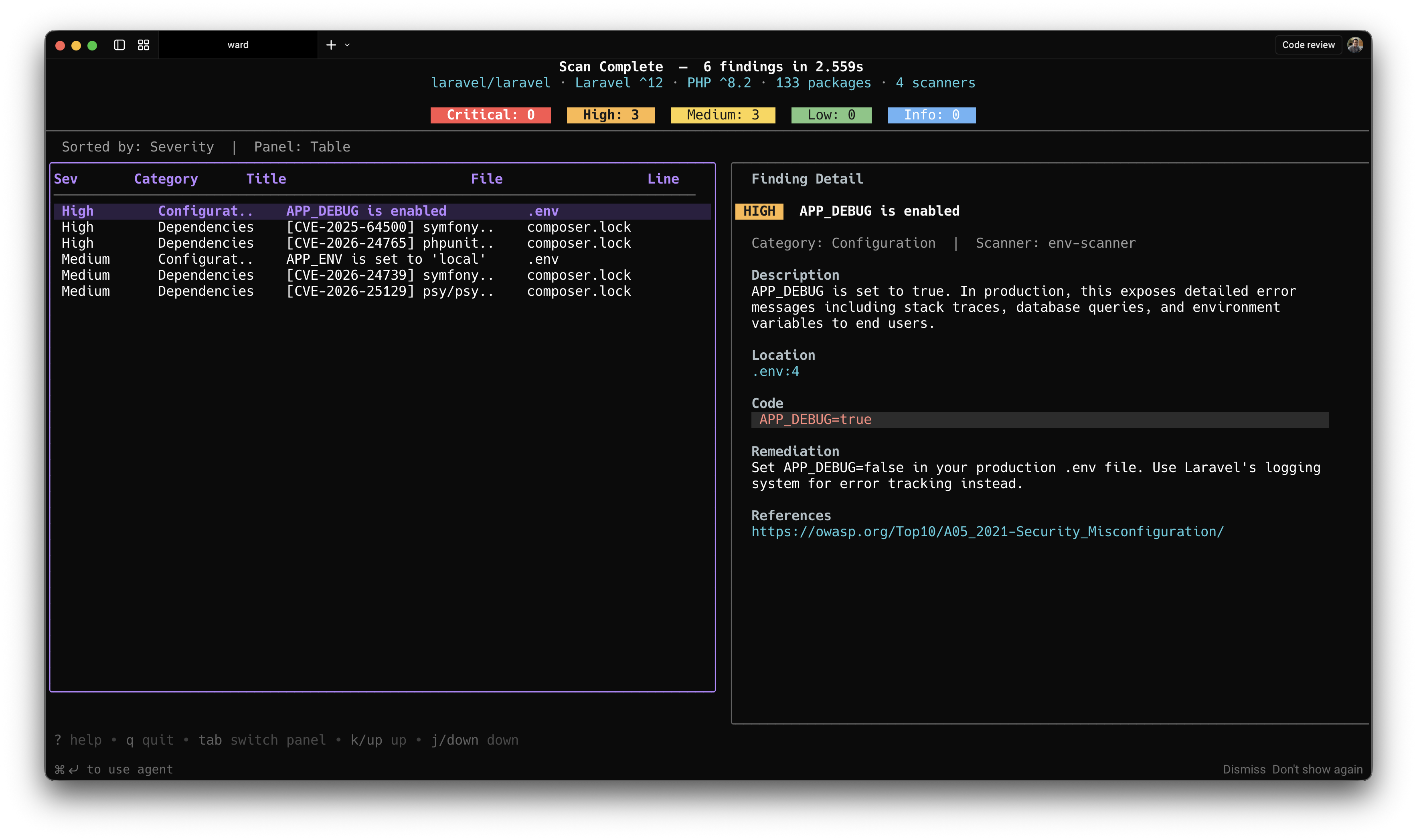 Screenshot of the Ward TUI