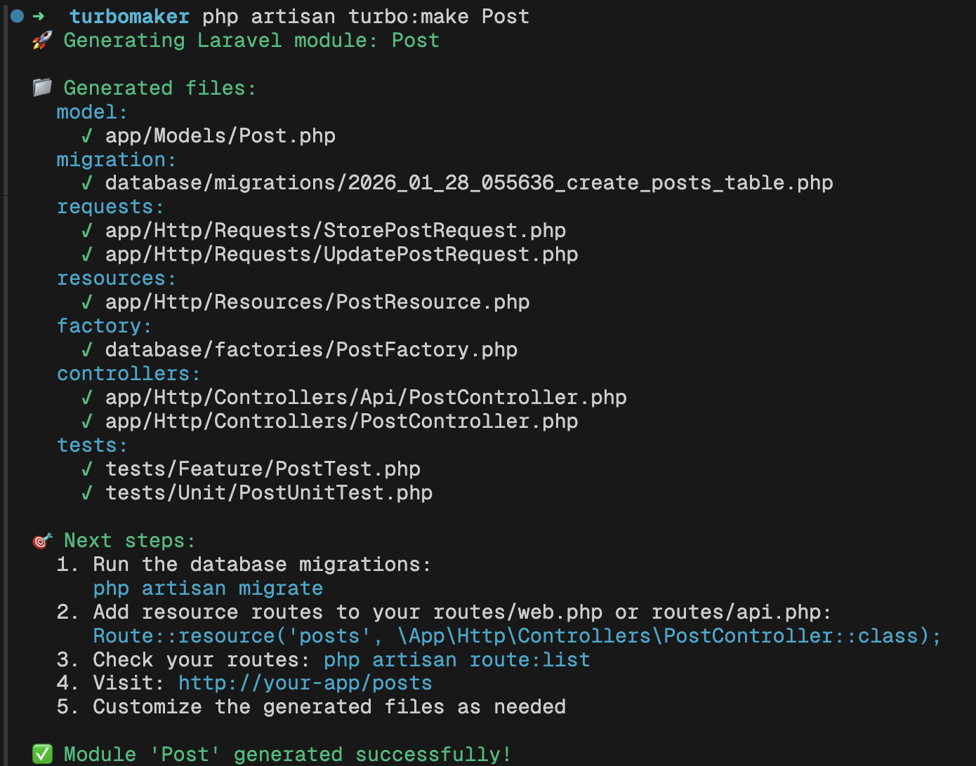 Sample Turbomaker command output