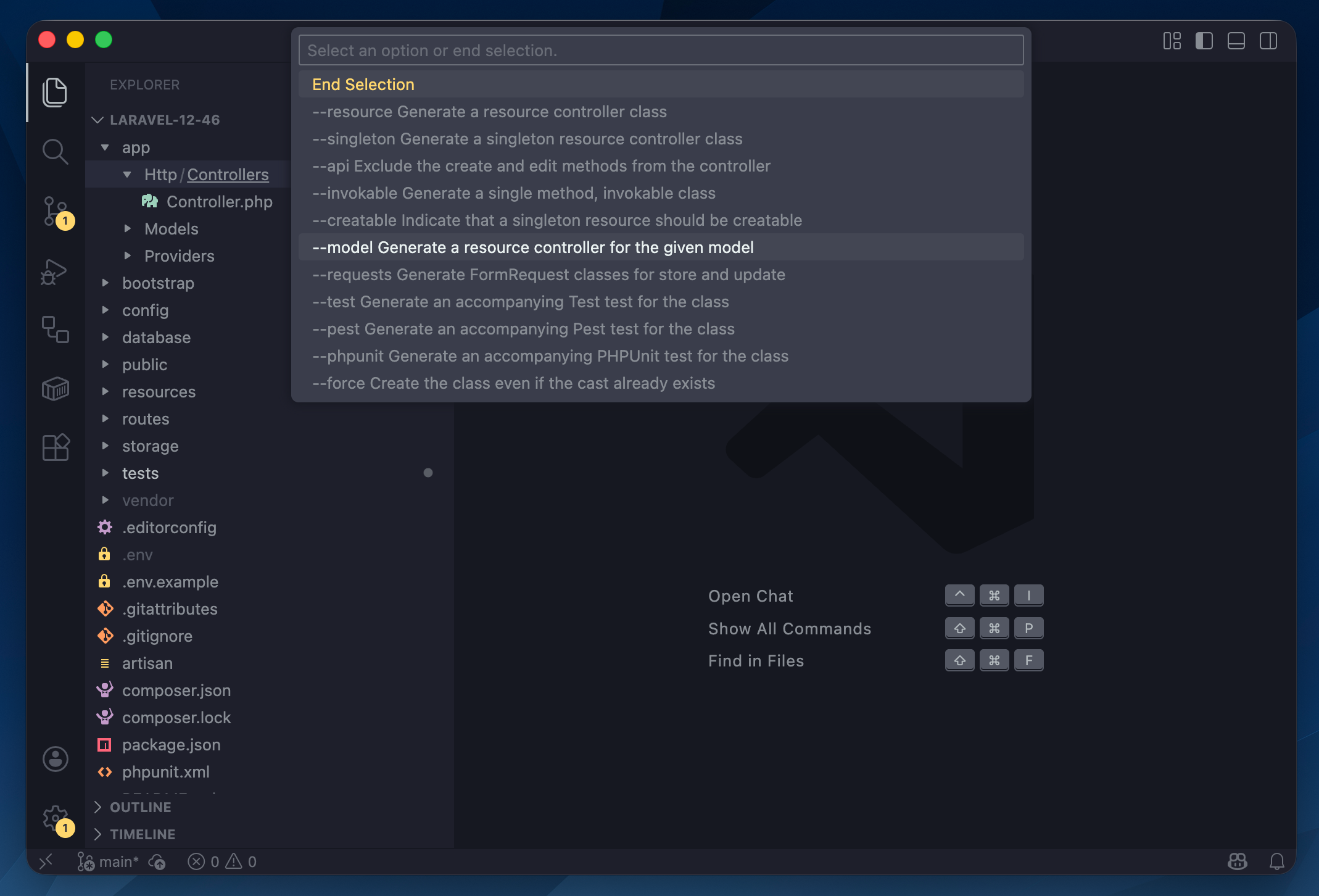 The make:controller command options